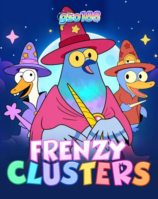 Tampilan visual slot Frenzy Clusters dengan karakter pahlawan dan grid magis